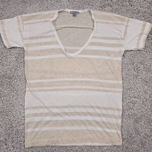 James Perse Top Womens 3 (Large) Tan White Striped Short Sleeve Scoop Neck